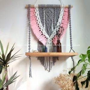 Kệ Gỗ treo tường 1 tầng kết hợp macrame trang trí size 40x70x15cm